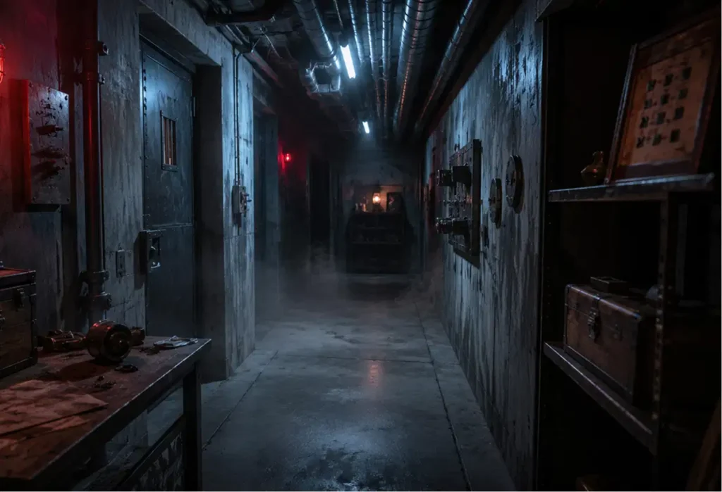 Couloir sombre et industrielle de la salle d&rsquo;escape game Le Bunker