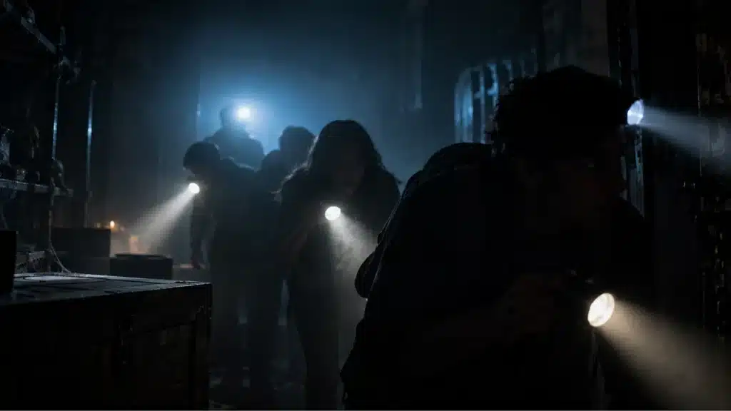 Groupe de joueurs explorant le Temple Maya dans une ambiance sombre et mystérieuse chez Escape One.