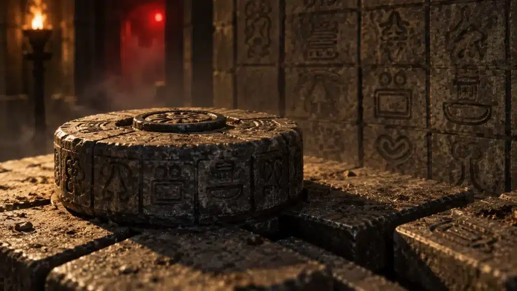 Mécanisme ancien en pierre dans le Temple Maya avec symboles gravés et lumière chaude.