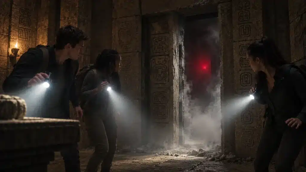 Joueurs découvrant un passage secret dans une salle d’escape game inspirée d’un temple maya.