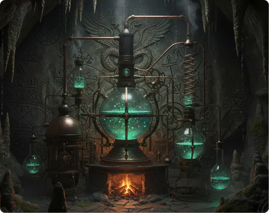 Laboratoire myst&eacute;rieux de la salle d&rsquo;escape game L&rsquo;Alchimiste, o&ugrave; les joueurs doivent cr&eacute;er l&rsquo;&eacute;lixir de vie &eacute;ternelle