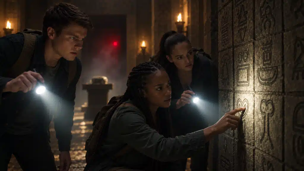 Symboles mayas gravés sur un mur de pierre dans une salle d’escape game sombre.